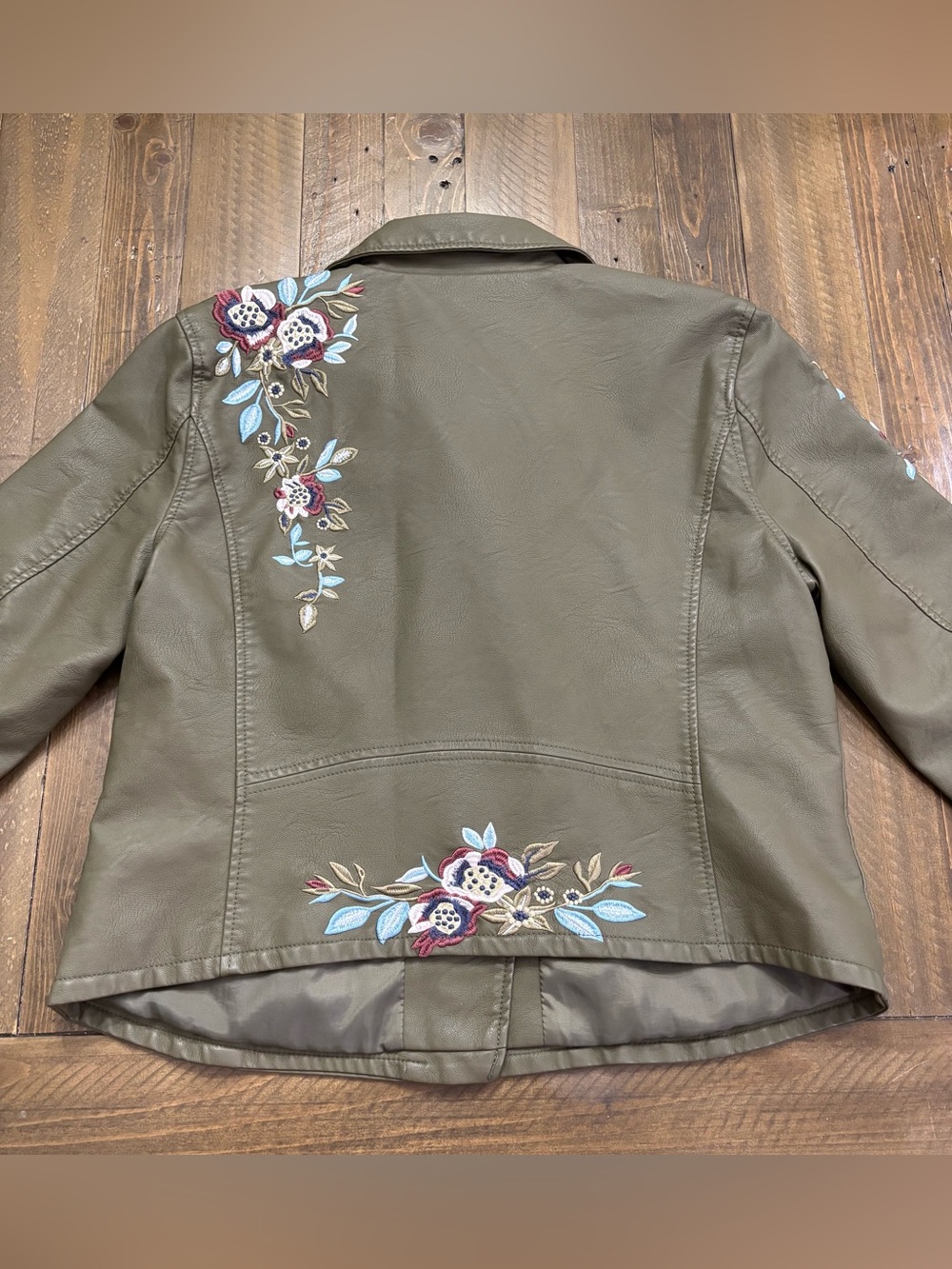 Kate & Mallory Olive Green Faux Leather Floral Moto Jacket - Picture 2 of 6